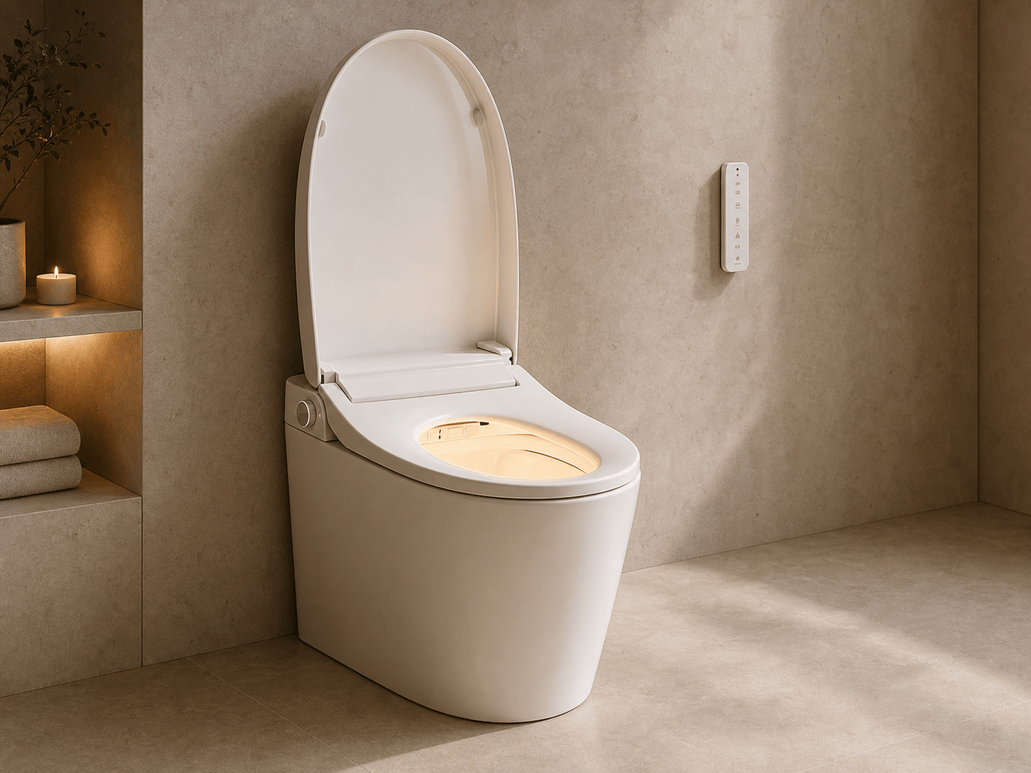 Dusch-WC mit geöffnetem Sitz und Fernbedienung